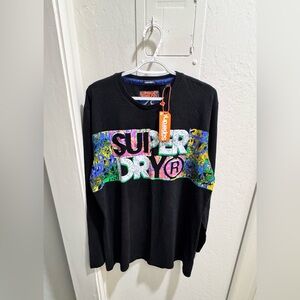 Superdry Black Long Sleeve Tee with Multicolor Logo